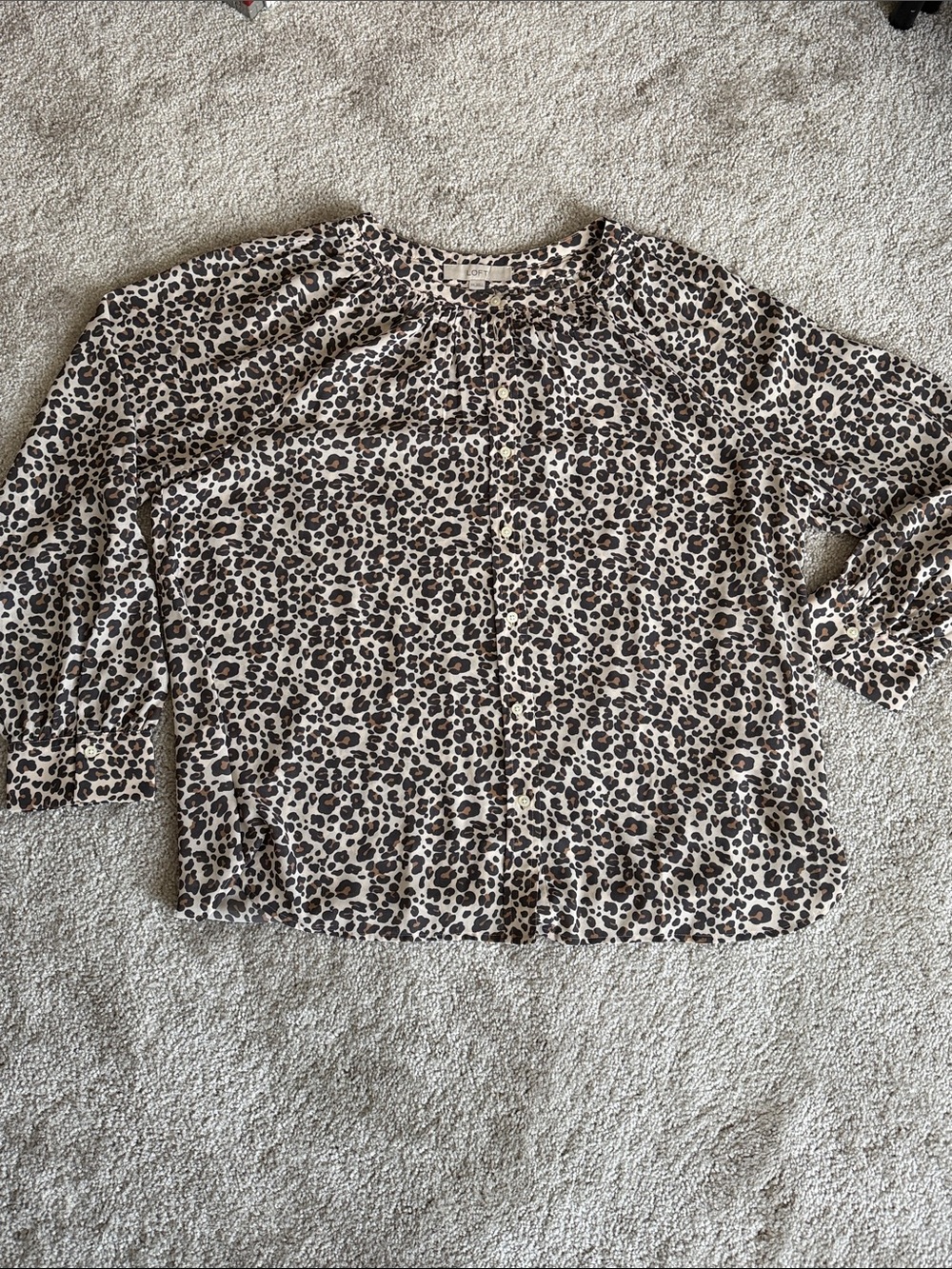 LOFT Neutral Leopard-Print Button Front Blouse